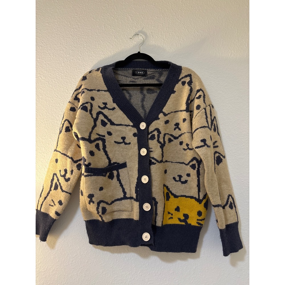 Cider Cat Graphic Knit Cardigan Sweater Navy Tan Yellow Button Front Small